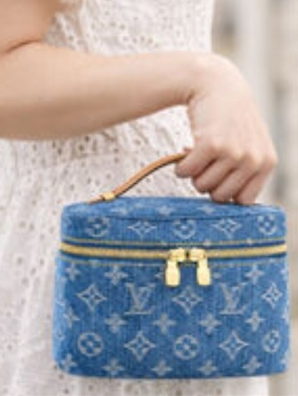 Remixed Light Wash Denim Monogram Vanity Case with Gold Hardware Zip Around